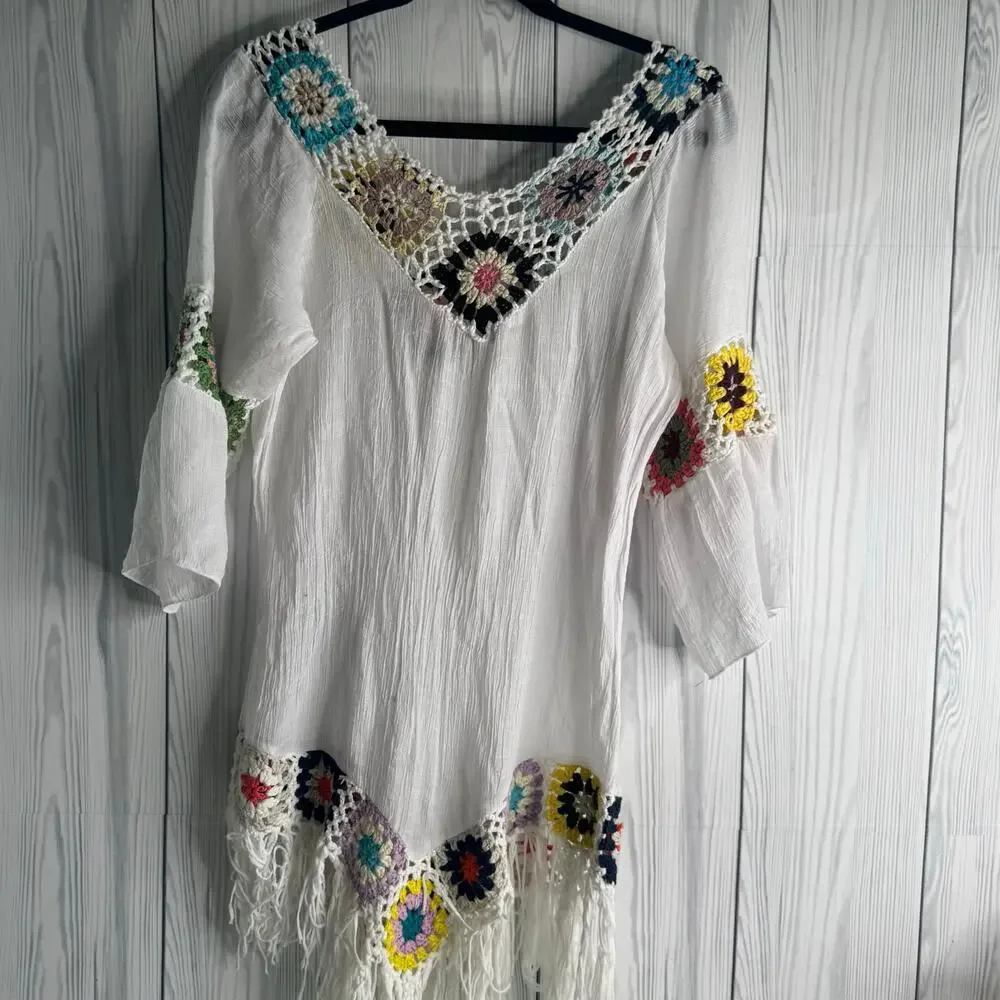 Dasaya Bohemian Hippie Gypsy Multicolored Crochet Fringe Festival Tunic Top Med - Picture 4 of 8
